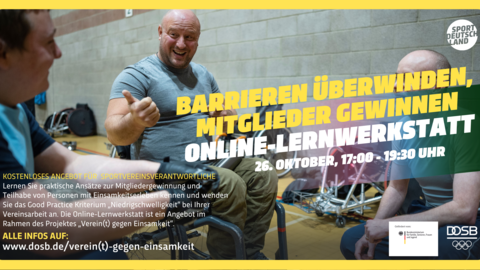 Flyer zur Online-Lernwerkstatt: Barrieren überwinden, Mitglieder gewinnen, am 26.10.2023 von 17:00 bis 19:30 Uhr