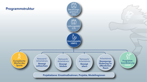 Darstellung der Programmstruktur des Landesprogramms. Von oben nach unten: Das Steuerungsgremium, der Leitungsstab, die Geschäftsstelle. Darunter die vier Arbeitskreise bzw. Netzwerke: Bewegt aufwachsen, Bewegt bleiben, Bewegt altern und Bewegungsförderung im öffentlichen Raum. Links davon die Europäische Woche des Sports und rechts davon die Programmkoordinierung bei der HAGE. Ganz unten befindet sich die Projektebene mit den Einzelmaßnahmen / Projekten/ Modellregionen.