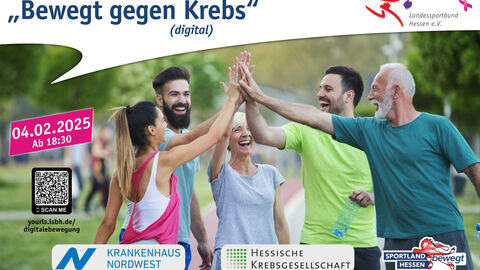 Werbeplakat der Veranstaltung "Bewegung gegen Krebs", Menschen stehen im Kreis in Sportkleidung zusammen und klatschen die Hände ab. Im Hintergrund ist Park zu sehen.