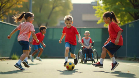 Bewegt aufwachsen Kinder spielen Ball auf einem Schulhof