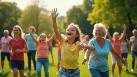 Generationsübergreifende Bewegungsförderung Menschen von jung bis alt bewegen sich gemeinsam im Park.