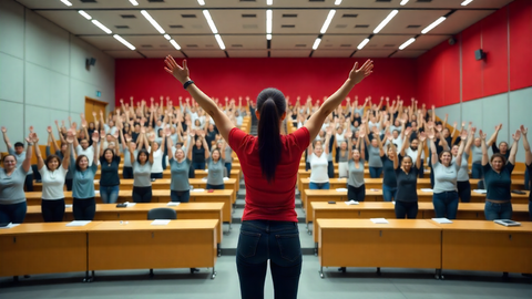 Bewegungsfördrung im Setting Hochschule/Universität Gruppenleiterin leitet Bewegungsübung im Hörsaal an