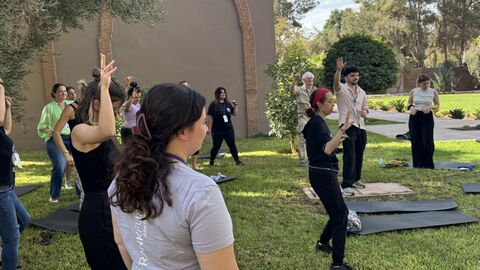 Menschen stehen hinter Yogamatten auf einer Wiese und machen Bewegungsübunen.