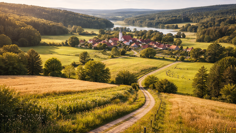 Feldweg führt zu kleinem Dorf mit See im ländlichen Raum