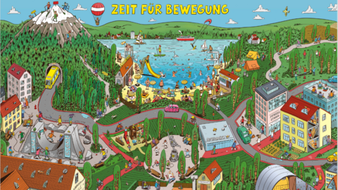 Das Wimmelbild zeigt viele Menschen zeigt, die sich draußen bewegen, zum Beispiel beim Schwimmen im See, Radfahren, Spielen und Sport im Park und in der Stadt.