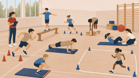 Kinder führen in einer Sporthalle die verschiedenen Testaufgaben des Hessischen Bewegungschecks unter Anleitung einer Testleitung durch.