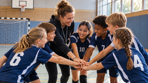 Trainerin und sechs Kinder in einer Sporthalle stehen im Kreis und legen gemeinsam die Hände übereinander.