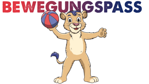 Junger Löwe mit Ball deutet zum Wurf an. Über ihm ein Schriftzug mit dem Namen des Programms "Bewegungspass"
