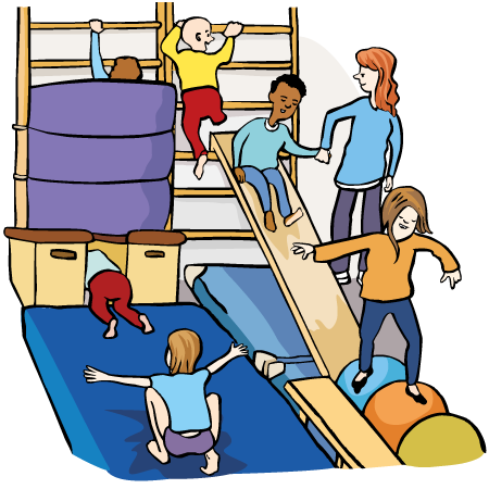 Kinder turnen in einer Bewegungs-Landschaft.